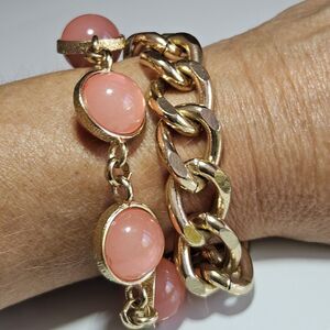 Gold Tone Thick Chunky Chain Pink Bracelet 8-9"